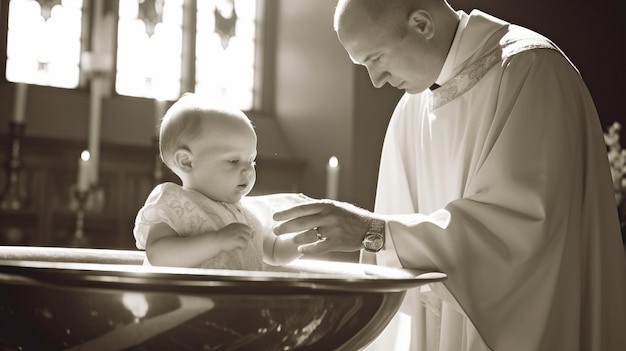 Foto battesimo ia generativa e sacerdote che abbevera il bambino