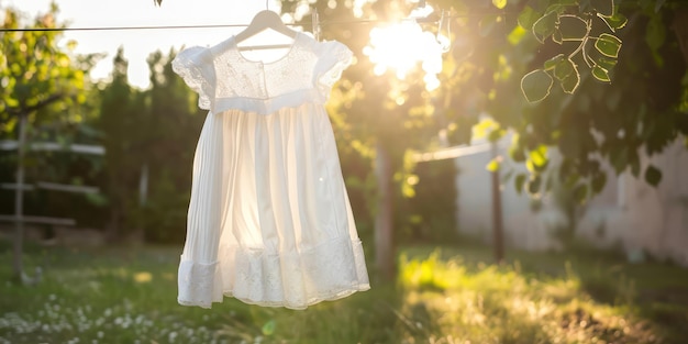 A baptismal gown hanging on a clothesline ready for the special occasion