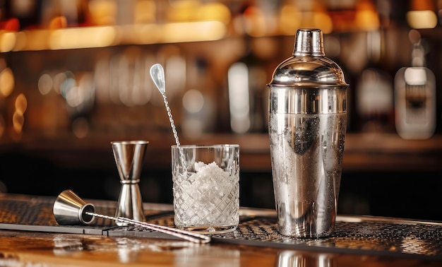 барные аксессуары на барной стойке крупный шейкер джиггер стекло с льдом