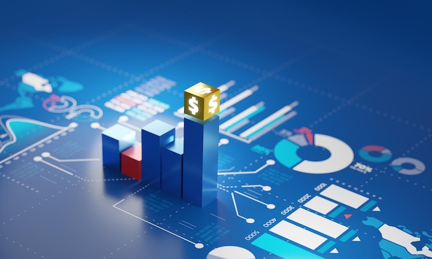 Bar chart money growth on blue screen business investment graph background 3d rendering