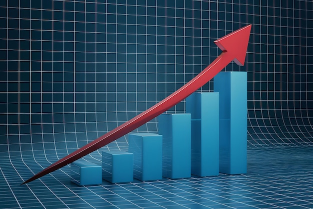 Bar chart with blue bars red arrow showing growth and professionalism on grid backdrop