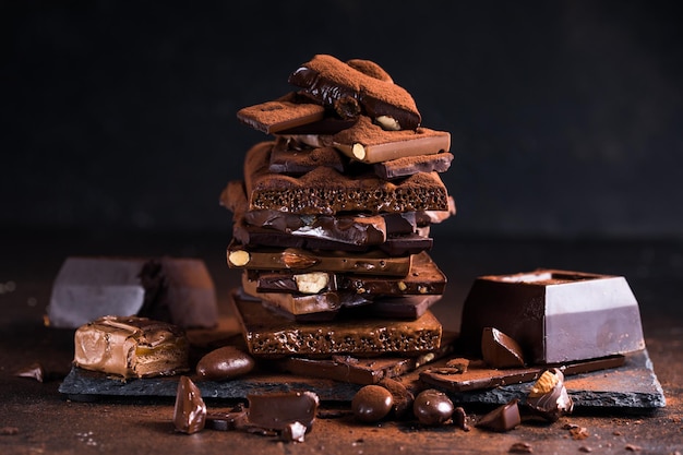 Bar of Chocolate tower pieces Hazelnut and almond dark chunks of broken chocolate Sweet food photo concept