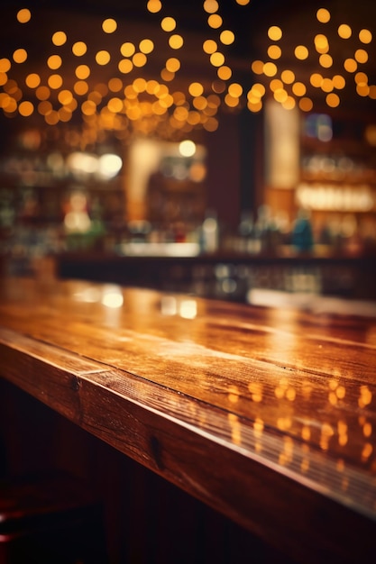 A bar counter with lights in the background