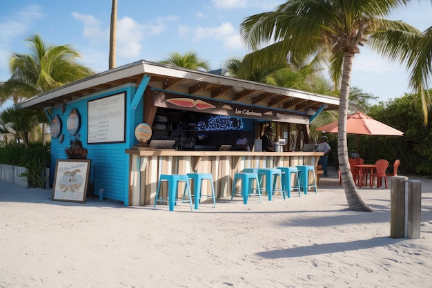 Bar en grill aan het strand met een menu met sandwiches met gegrilde zeevruchten en cocktails