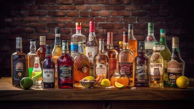 A bar full of alcohol including a bottle of bourbon and a glass of orange juice.