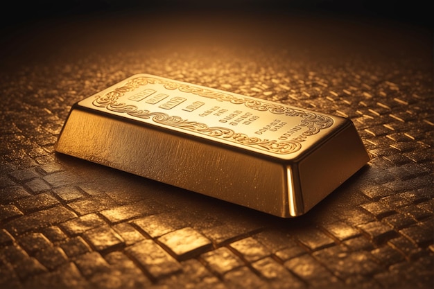 Photo a bar of gold lies on a golden floor golden paving stones wealth