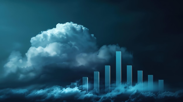 A bar graph showing the growth of a savings account over time with a storm cloud looming in the background