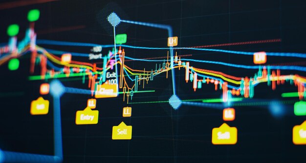 棒グラフ図財務図抽象的な輝く外国為替チャートインターフェース壁紙投資貿易株式金融