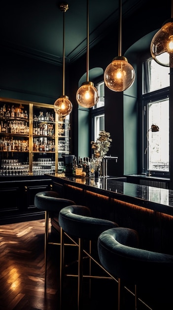 The bar at the hotel is decorated in a dark green color.