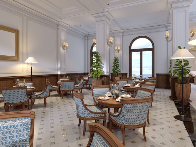 Bar in the hotel lobby with tables and chairs in a modern style. 3d rendering.