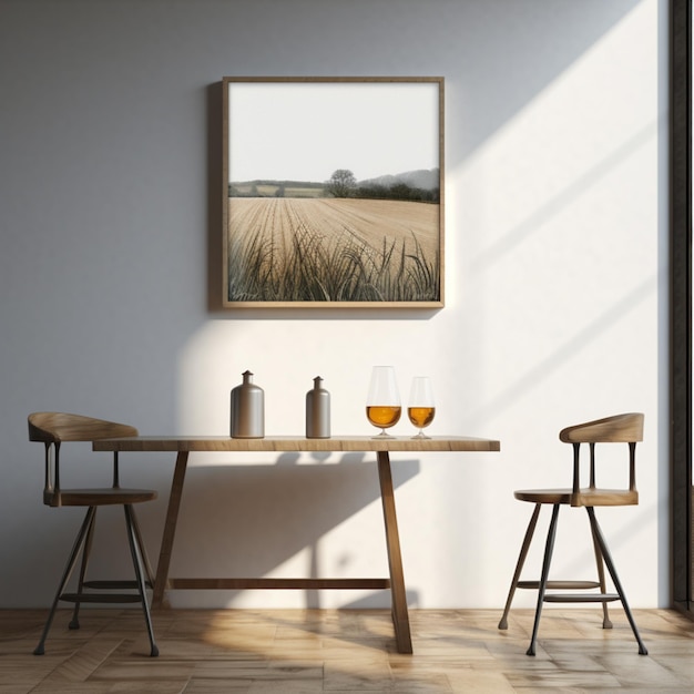 Bar interieur minimalistisch concept met bier op tafel en natuur schilderij op wit canvas frame