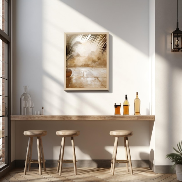 Bar interior minimalist concept with beer on table and nature painting on white canvas frame