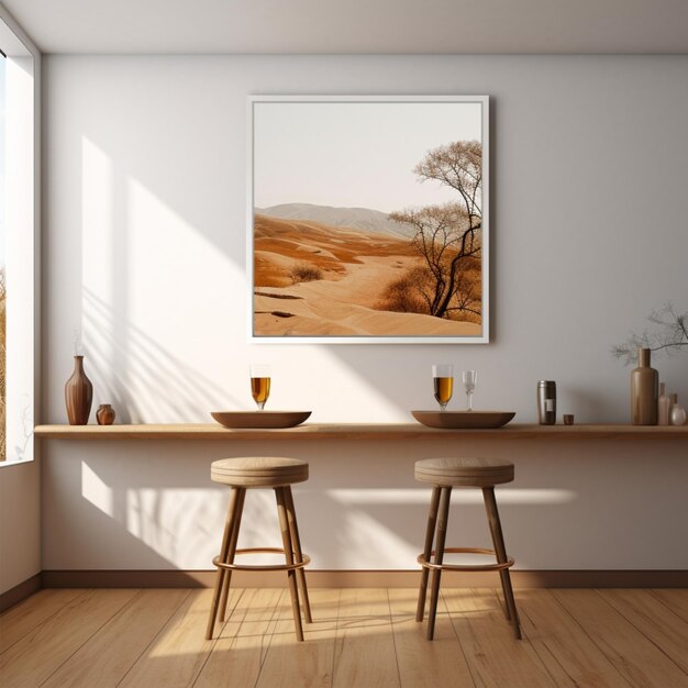 Bar interior minimalist concept with beer on table and nature painting on white canvas frame