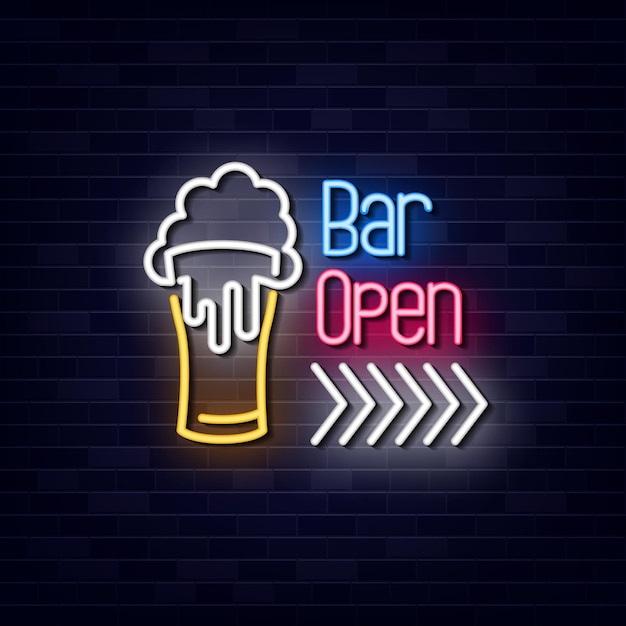 Photo bar open neon sign symbol vector light banner light art