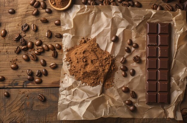Foto una barra di ricco cioccolato scuro su un pezzo di ardesia con chicchi di caffè sparsi e polvere di cacao in una ciotola che suggerisce una deliziosa miscela di sapori