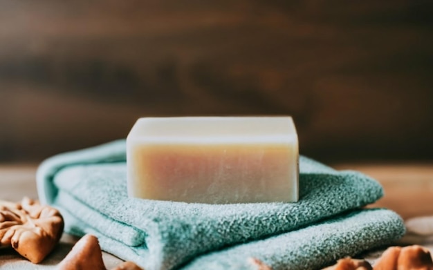 Bar soap on folded towels in a cozy atmosphere