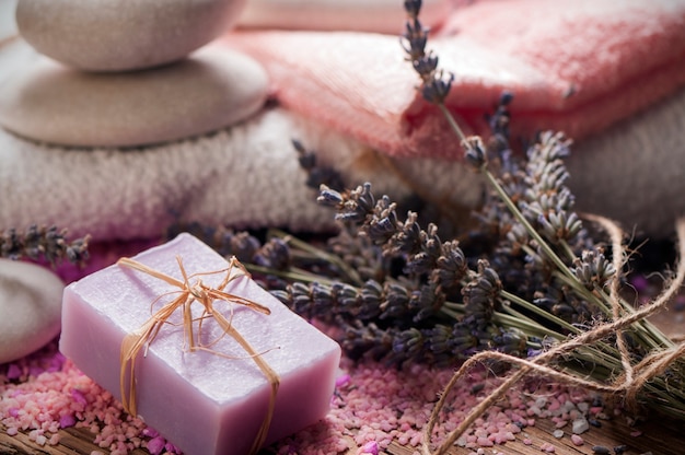 Bar soap and lavender flowers