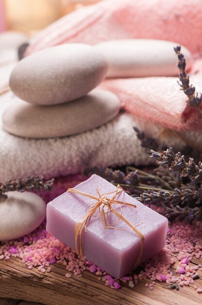 Bar soap and lavender flowers