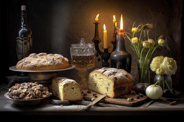 Bar still life with cakes on table