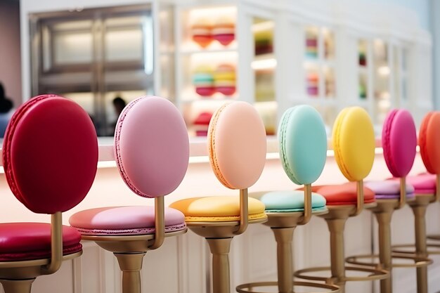 Photo bar stools in a cafe in the shape of macarons the concept of decorating the interior