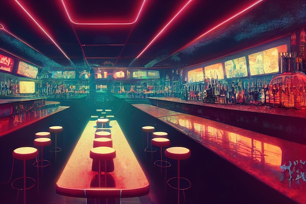 Bar stools in cyberpunk bar in cyberpunk city neons cybercity\
background opposite colors