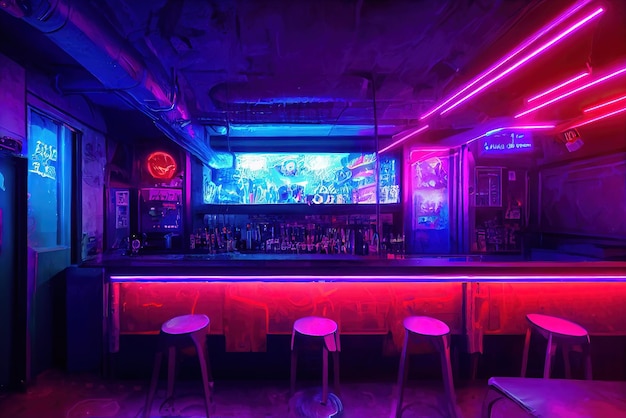 Photo bar stools in cyberpunk bar in cyberpunk city neons cybercity background opposite colors