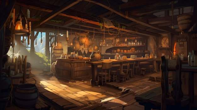 A bar in a tavern with a view of the mountains.