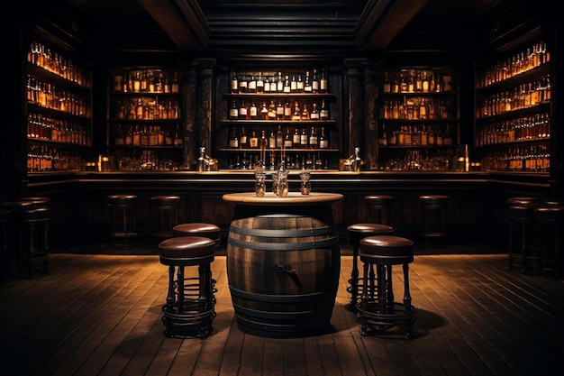 a bar with a bar and a large display of bottles of alcohol.