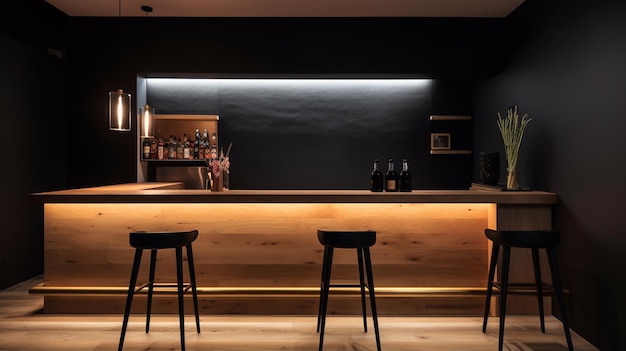 bar with bar stools and a black wall behind it