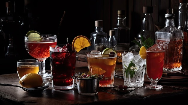 A bar with a bar with a bottle of alcohol on the table