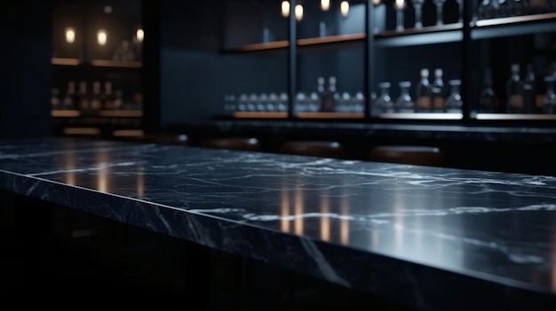 A bar with a black marble countertop and a bar counter with a glass of wine.