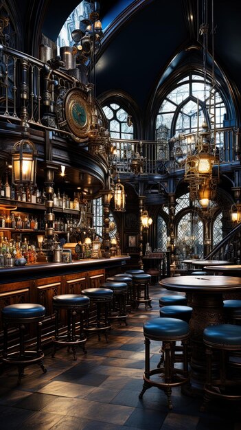 Photo a bar with a clock on the wall and a chandelier above it