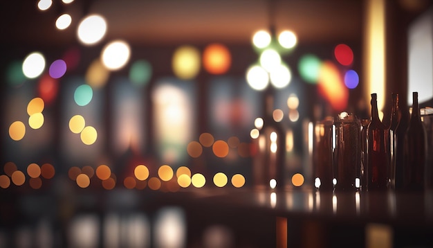 A bar with a colorful light in the blurred background