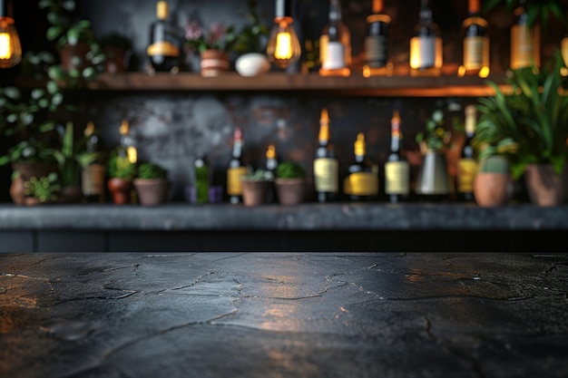 Photo a bar with a counter and a shelf with many bottles