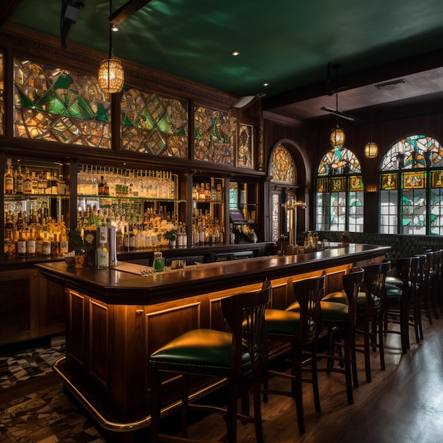 A bar with a green ceiling and a wooden bar with a wooden bar stools.