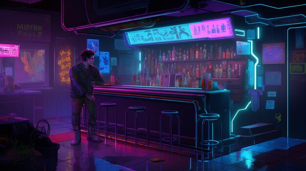 A bar with neon lights and a man standing at the bar.