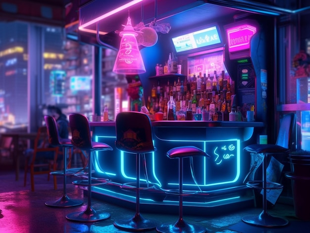 A bar with neon lights and a sign that says " 2 " on it.