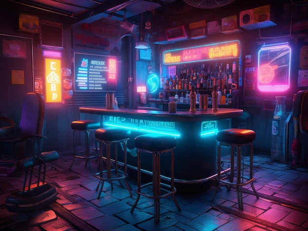 A bar with neon signs that say's a bar