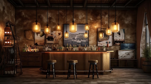 Bar with poster and lamps Generative AI