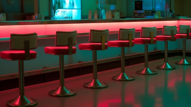 A bar with red stools and a bar counter with a green light.