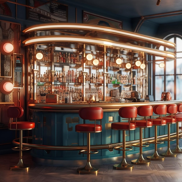 A bar with a red stools and a large glass window