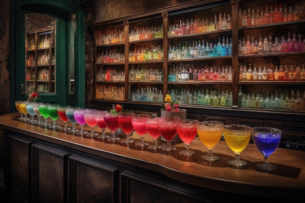 Bar with row of colorful cocktails each with its own unique garnish created with generative ai