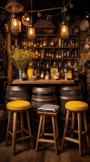 a bar with stools and a bunch of yellow and white flowers on the shelves