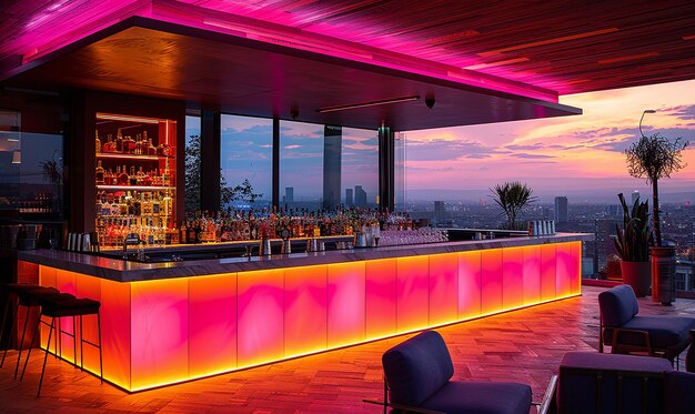 Photo a bar with a view of a city skyline and a city skyline