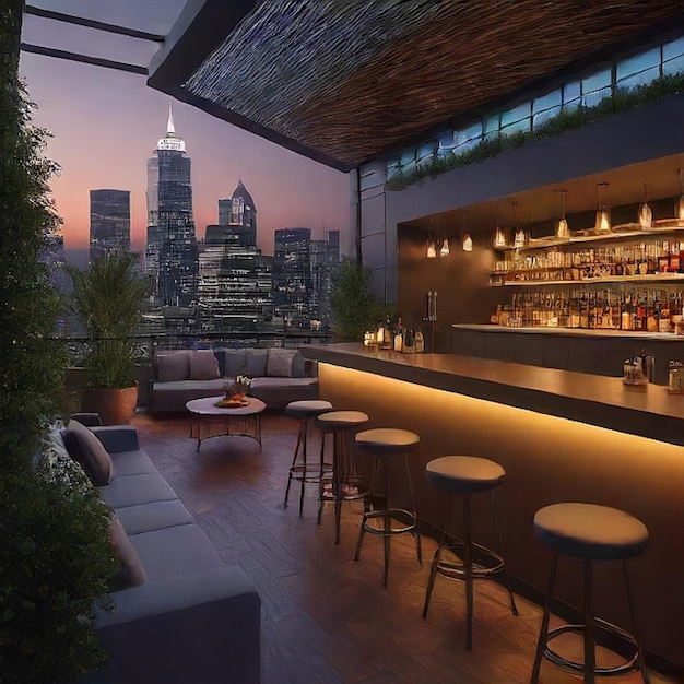 a bar with a view of the city skyline