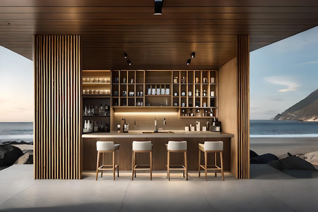 A bar with a view of the ocean and a wooden bar with white stools.