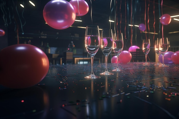 A bar with wine glasses and balloons on the table