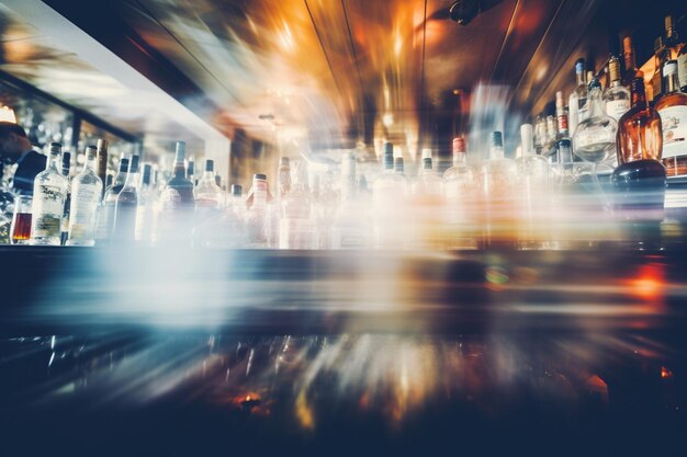 Photo a bar with a wooden bar with a row of stools and a shelf with bottles of alcohol on it