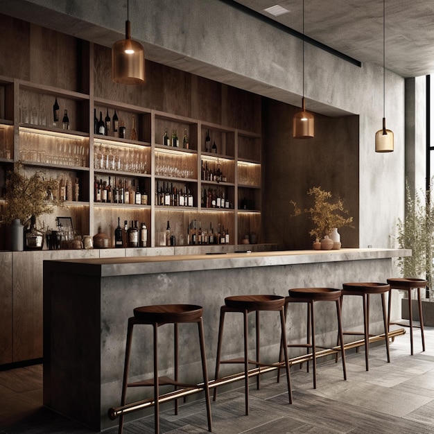 A bar with wooden stools and a row of wine bottles.