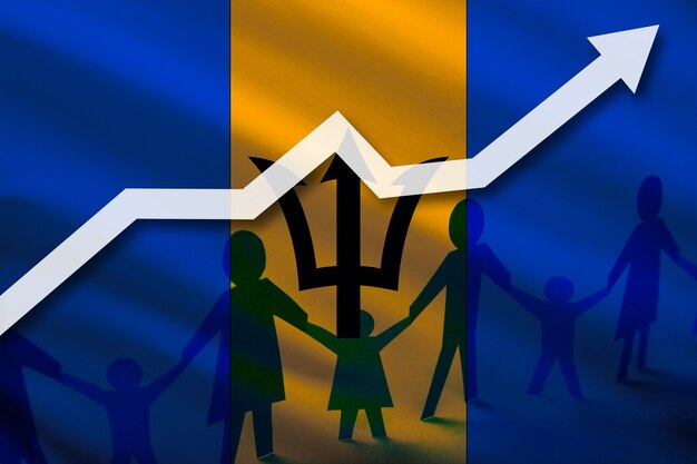 Barbados flag on a background of a growing arrow up and people with children holding hands